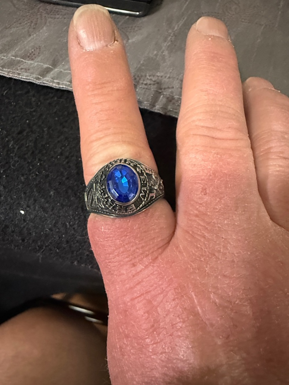 Men's Silver Tone School Ring with Blue Oval Gem
